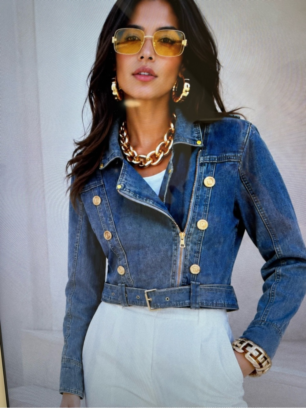 Women's Blue Denim Cropped Jean Jacket with Gold Buttons